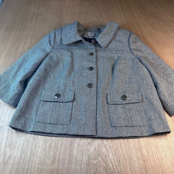 Worthington Woman Herringbone Jacket 1X Gray Wool Blend Shoulder Pads Lined - Picture 1 of 6